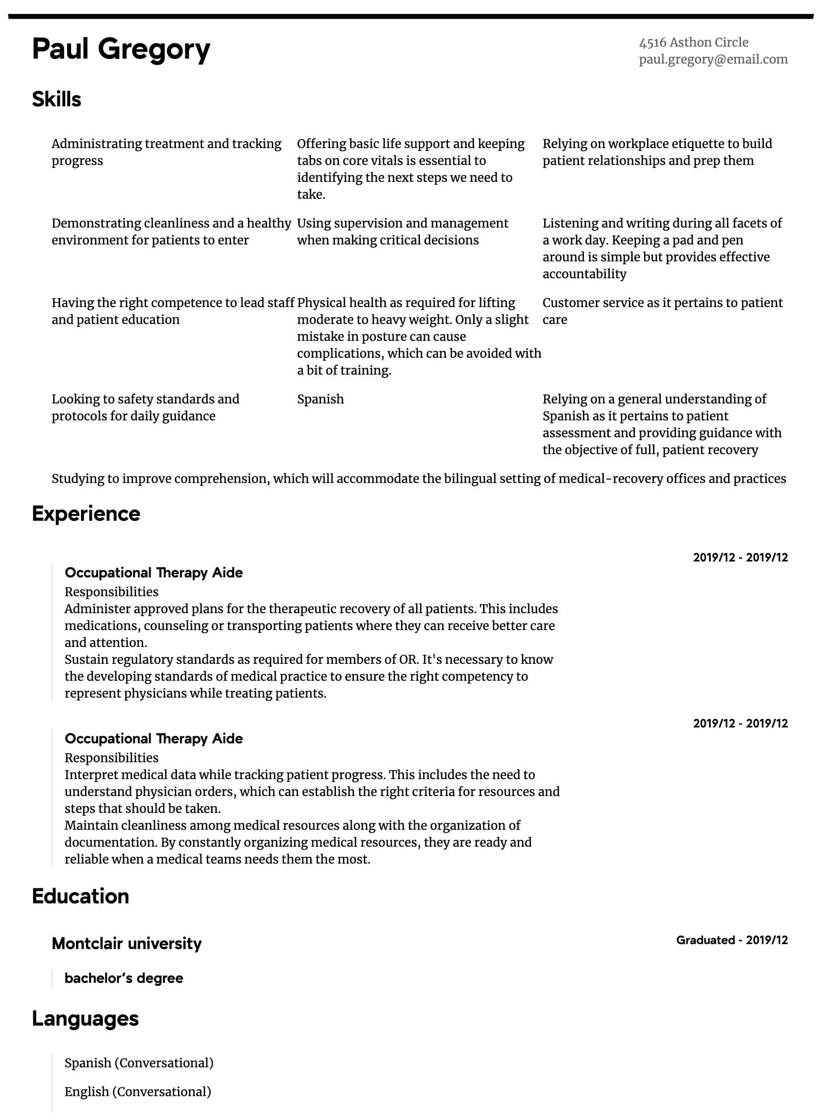 Sample Resume Of Occupational therapy assistant Occupational therapy Aide Resume Samples All Experience Levels …