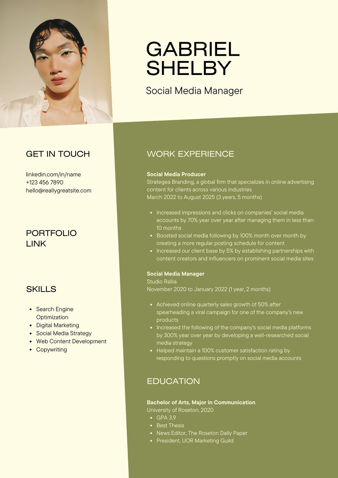 Sample Resume with social Media Skills Olive Green Light Yellow Color Blocks social Media Manager Resume …