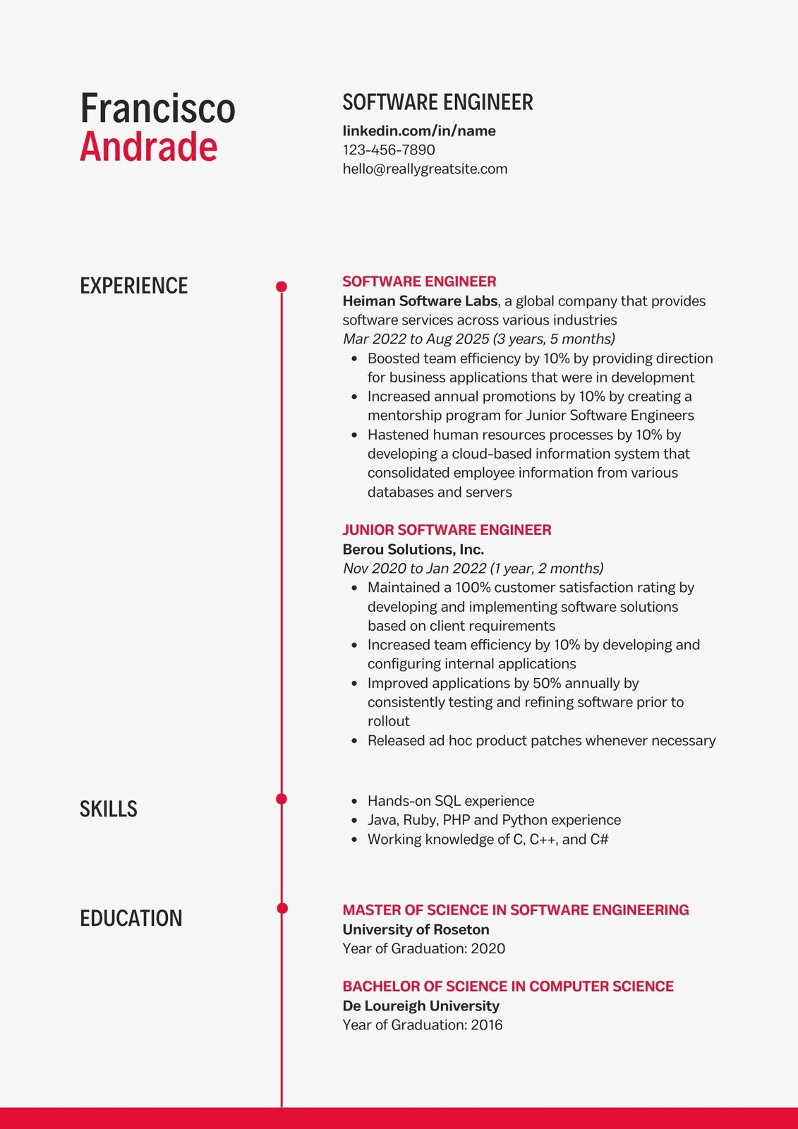 Sample Resumes for Two Years software Engineer Red Grey Bold Modern software Engineer Resume – Templates by Canva