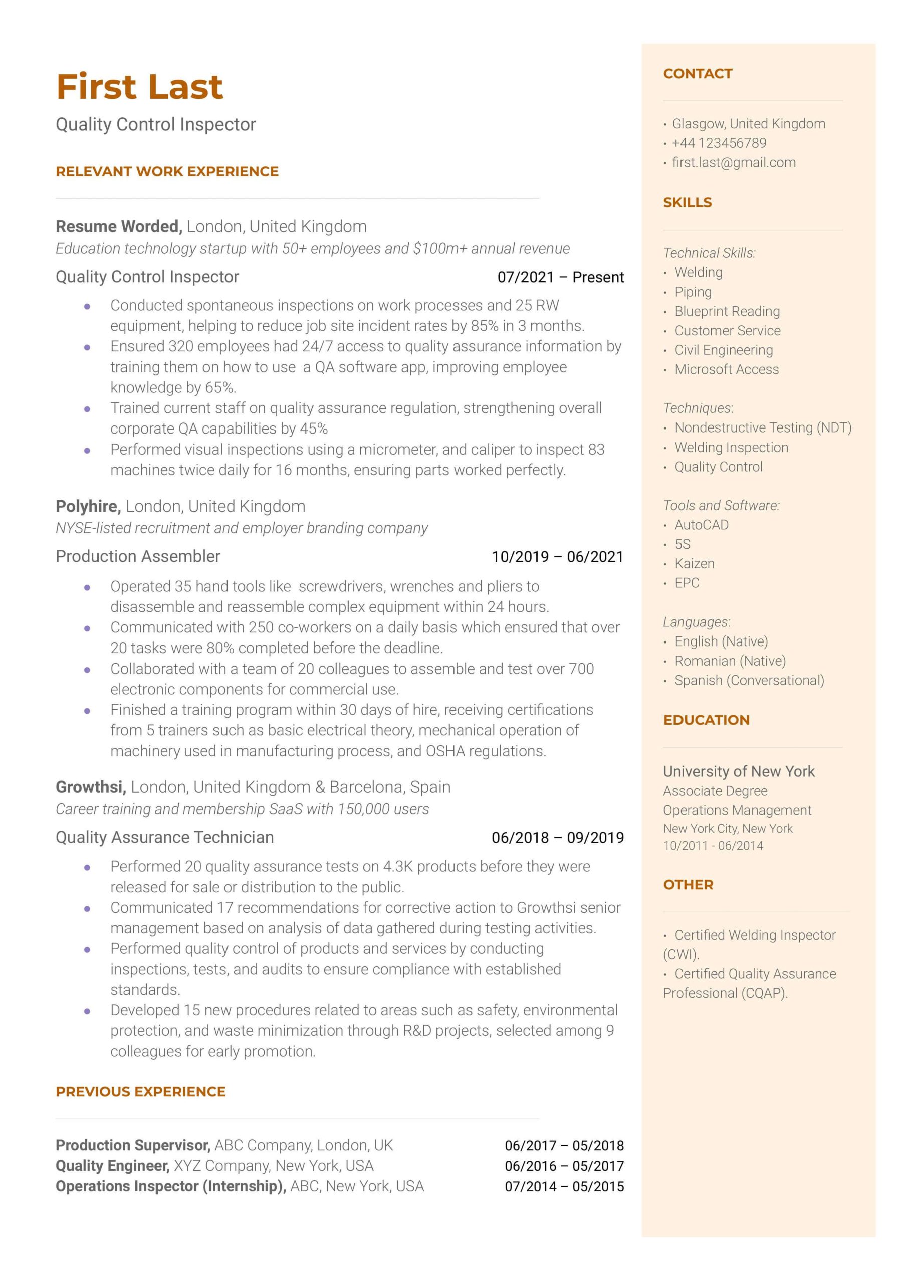 7 Years Experienced Qa Testing Sample Resume Quality Control Inspector Resume Example for 2022 Resume Worded
