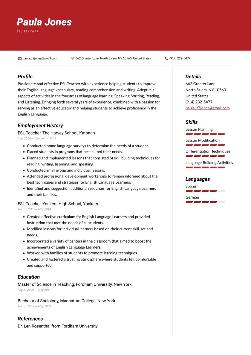 Resume Sample for Esl Teaching Position Esl Teacher Resume Examples & Writing Tips 2022 (free Guide)