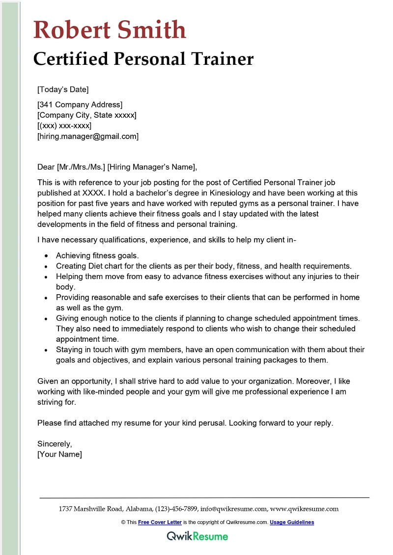Sample Cover Letter for Resume Personal Trainer Certified Personal Trainer Cover Letter Examples – Qwikresume