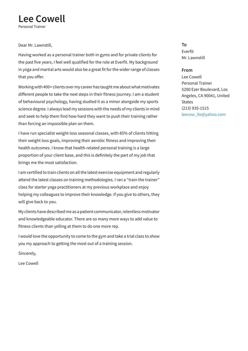 Sample Cover Letter for Resume Personal Trainer Personal Trainer Cover Letter Examples & Expert Tips [free]