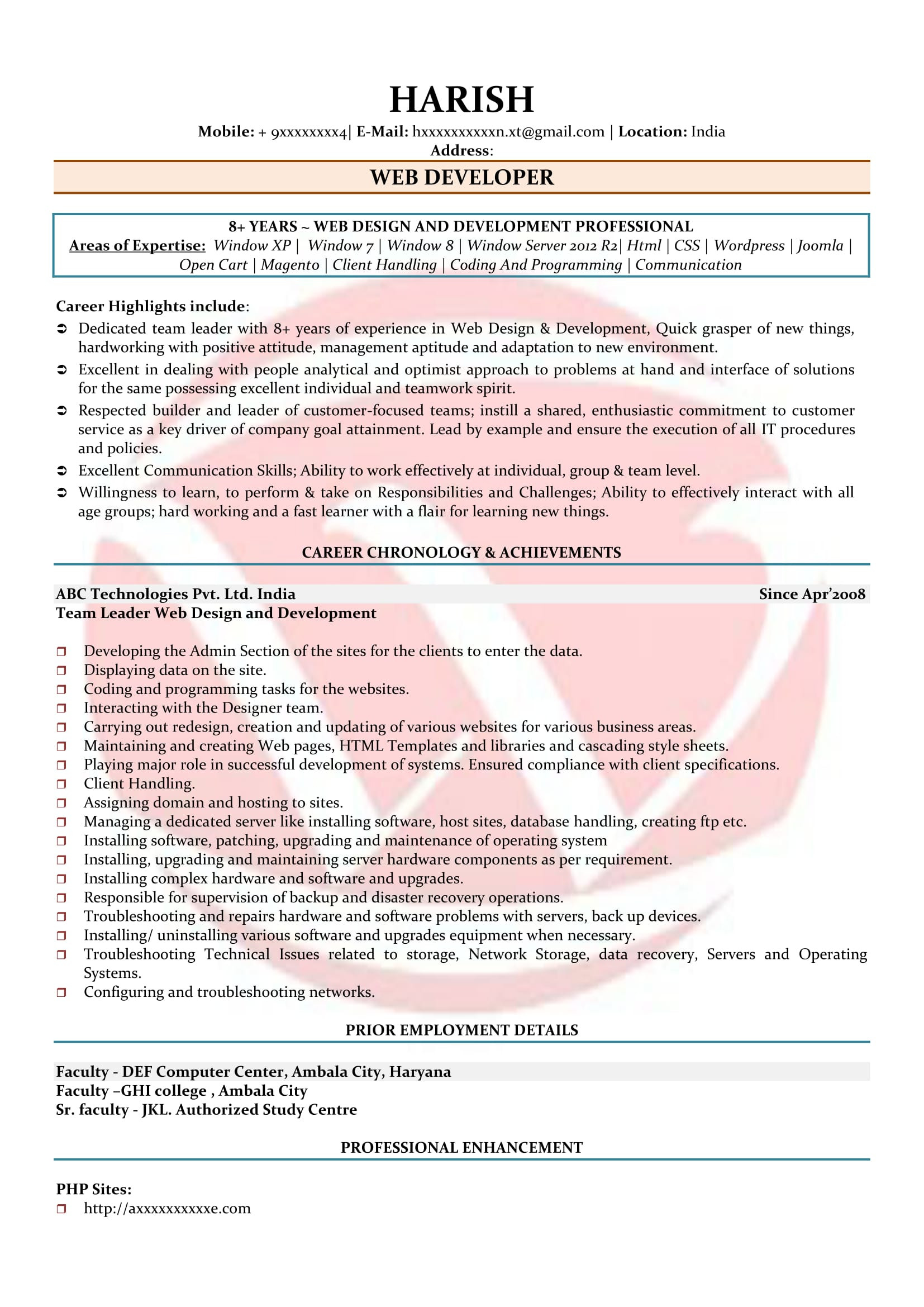 Sample Informatica Fresher Resume formats for 8 Year Experince Web Developer Sample Resumes, Download Resume format Templates!