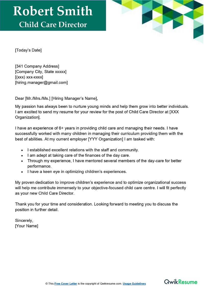 Sample Resume assistant Director Day Care Child Care Director Cover Letter Examples – Qwikresume