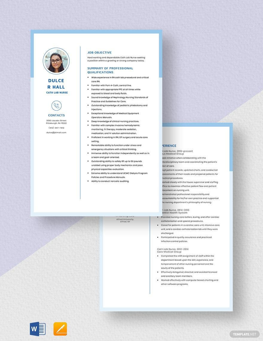 Sample Resume for Cardiac Cath Lab Nurse Cath Lab Nurse Resume Template – Word, Apple Pages Template.net