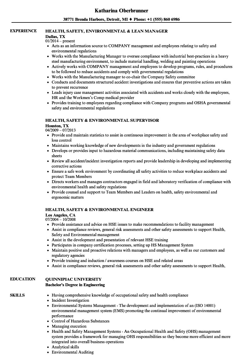 Sample Resume for Environmental Health and Safety Environmental Health and Safety Resume Mryn ism