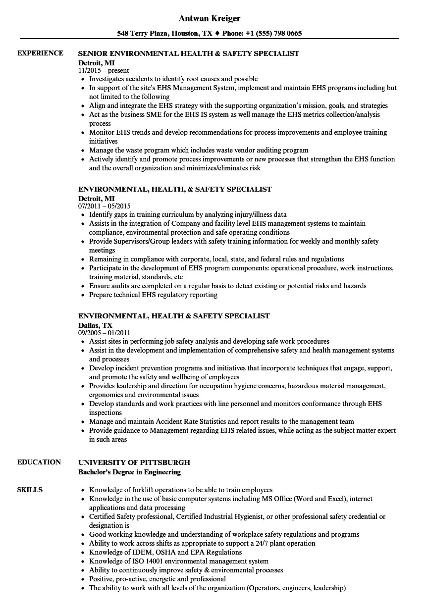 Sample Resume for Environmental Health and Safety Environmental Health and Safety Resume Mryn ism