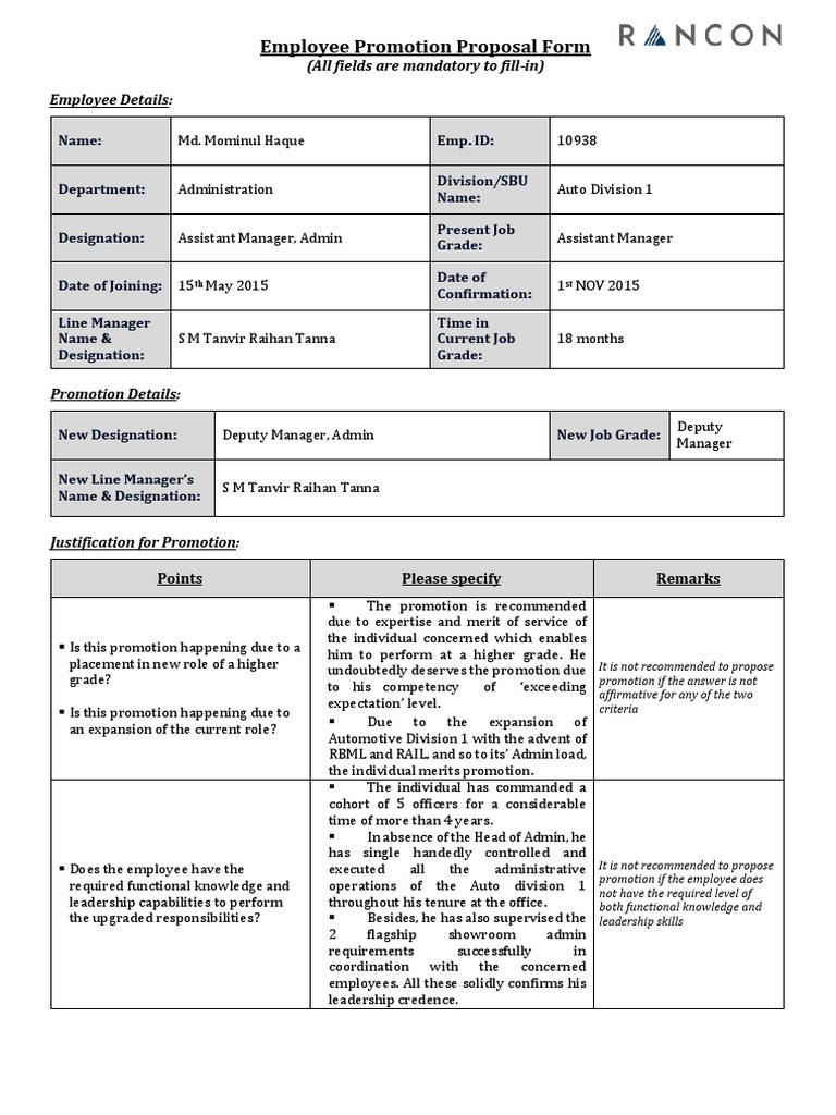Sample Resume Job Promotion Proposal Template Employee Promotion Proposal form – Momin Pdf Leadership Business