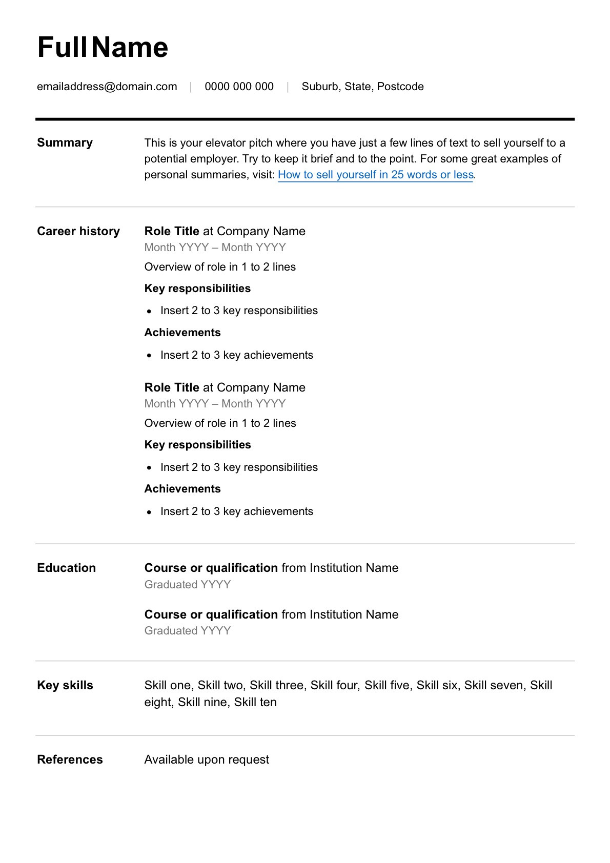 Sample Summary On Resume Non Professional Free ResumÃ© Template – Seek Career Advice