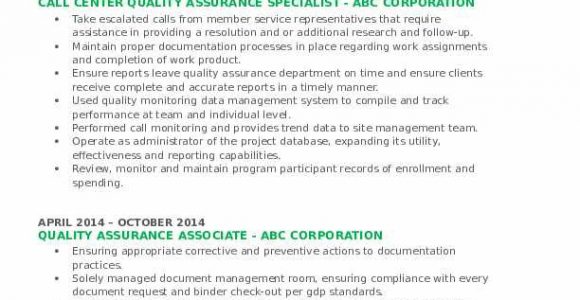Call Center Quality assurance Manager Resume Samples Quality assurance Specialist Resume Samples