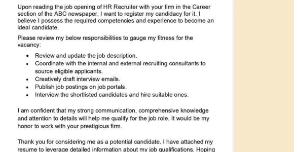 Cover Letter to Send Resume to A Recuiter Sample Hr Recruiter Cover Letter Examples – Qwikresume