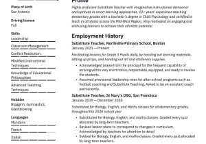 Elementary School Teacher Sample Substitute Teacher Resume Substitute Teacher Resume & Writing Guide  20 Templates Pdf