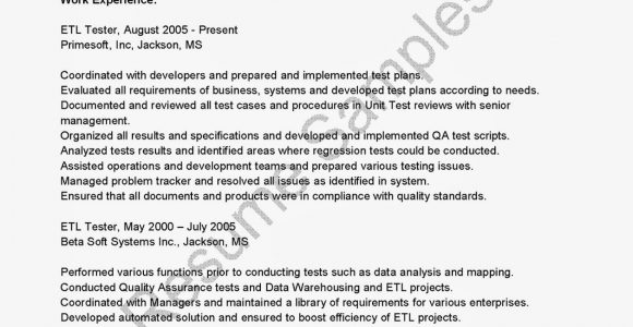 Etl Testing Sample Resume for Experienced Resume Samples Etl Tester Resume Sample