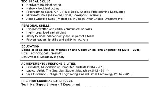 First Time Resume with No Experience Sample Philippines Sample Resume formats for Fresh Graduates