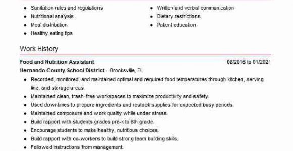 Food Science and Nutrition Resume Sample Food and Nutrition assistant Resume Example Oak Hill