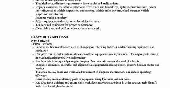 Heavy Duty Mechanic Apprentice Resume Sample Mechanic Job Description Resume Inspirational Heavy Duty