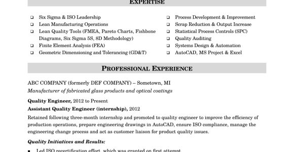 Lean Six Sigma Green Belt Resume Samples Sample Resume for A Midlevel Quality Engineer Monster.com