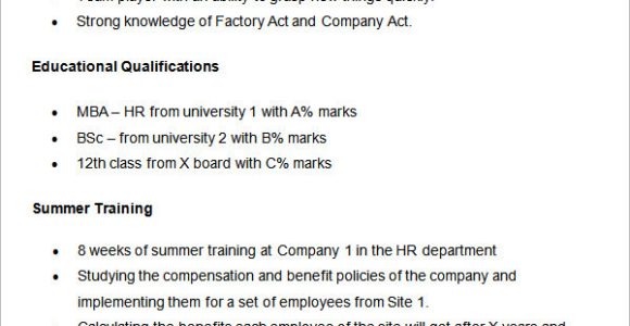 Mba Hr and Marketing Sample Fresher Resume Resume format for Freshers Mba Hr Download Hr