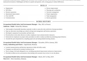 Occupational Health and Safety Resume Templates Occupational Health Safety and Environment Manager Resume Generator