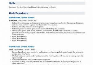 Order Picking and Packing Resume Sample Warehouse order Picker Resume Samples