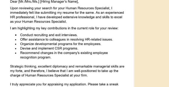 Professional Cover Letter for Resume Human Resource Sample Human Resources Specialist Cover Letter Examples – Qwikresume