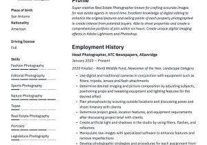 Professional Photographer Resume and Portfolio Samples Photographer Resume & Writing Guide  17 Templates