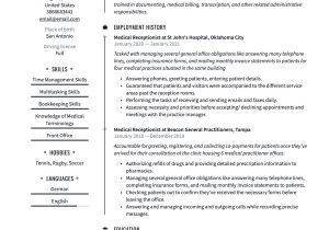 Receptionist or Medical assistant Resume Sample Medical Receptionist Resume & Guide  20 Examples