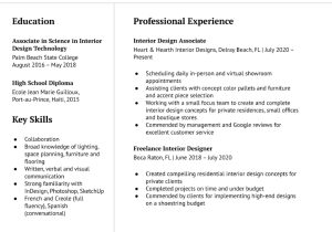 Related Skills Of An Entry Level Interior Decorator Resume Samples Interior Design Resume Examples In 2022 – Resumebuilder.com