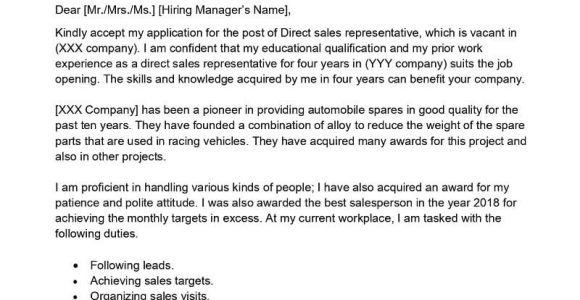Sales Representative Resume Cover Letter Samples Direct Sales Representative Cover Letter Examples – Qwikresume