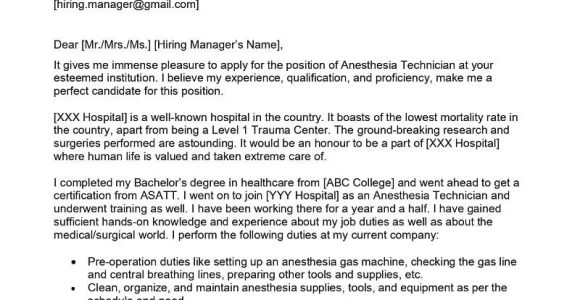 Sample Cover Letter for Anesthesia Technician No Resume Anesthesia Technician Cover Letter Examples – Qwikresume