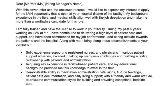 Sample Cover Letter for Lvn Resume Lvn Cover Letter Examples – Qwikresume