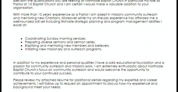 Sample Cover Letter for Pastor Resume Pastor Cover Letter Sample