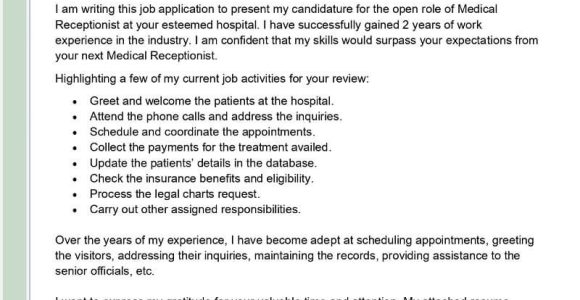 Sample Cover Letter for Resume for Medical Receptionist Medical Receptionist Cover Letter Examples – Qwikresume
