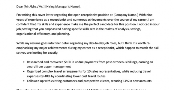 Sample Cover Letter for Resume Receptionist Receptionist Cover Letter Example