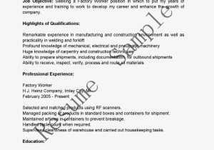 Sample Objective In Resume for Factory Worker Sample Resume Of Factory Worker