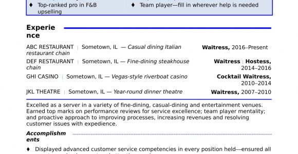Sample Of Resume for Waitress Position Waitress Resume Sample Monster.com