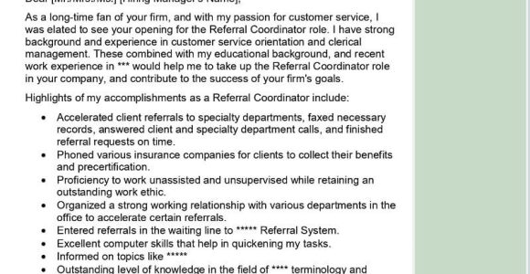 Sample Referral Cover Letter for Resume Referral Coordinator Cover Letter Examples – Qwikresume