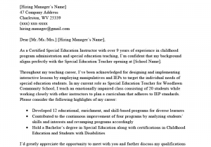 Sample Resume Cover Letter for Special Education Teacher Special Education Cover Letter [sample for Download]