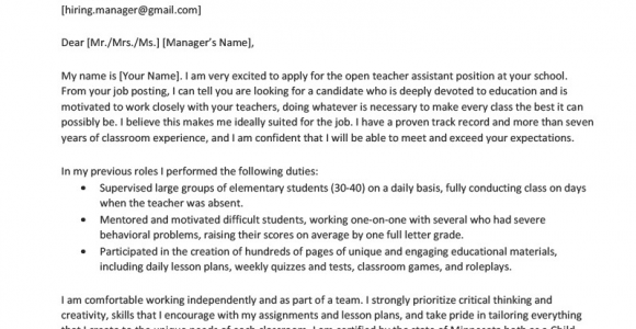 Sample Resume Cover Letter for Teacher assistant Teacher assistant Cover Letter Sample