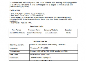 Sample Resume for 2 Years Experience In Java Java J2ee 2 Years Experience Resume