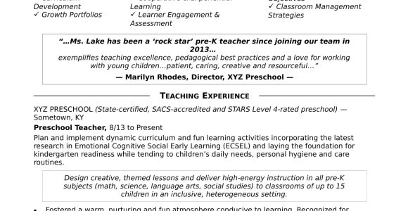 Sample Resume for A Perschool Teacher Position Preschool Teacher Resume Sample Monster.com
