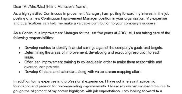 Sample Resume for Continuous Improvement Manager Continuous Improvement Manager Cover Letter Examples – Qwikresume