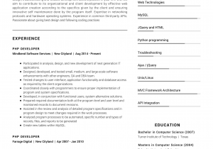Sample Resume for Experienced PHP Developer Free Download PHP Developer Resume Sample