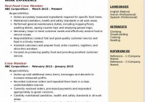 Sample Resume for Fast Food Crew without Experience Crew Member Resume Samples