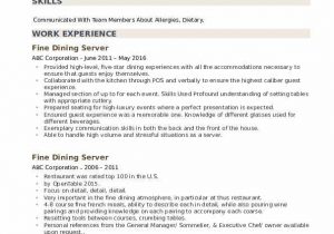 Sample Resume for Fine Dining Server Fine Dining Server Resume Samples