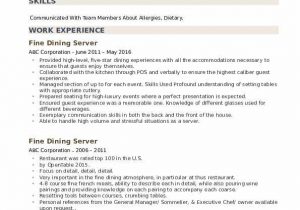 Sample Resume for Fine Dining Server Fine Dining Server Resume Samples