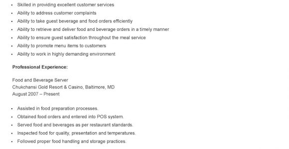 Sample Resume for Food and Beverage Server Resume Samples Food and Beverage Server Resume Sample