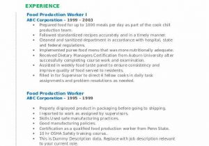 Sample Resume for Food Process Worker Food Production Worker Resume Samples