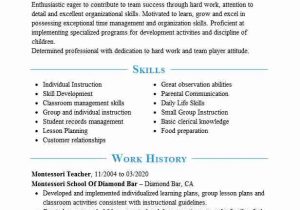 Sample Resume for Montessori assistant Teacher Montessori assistant Teacher Resume Example Living